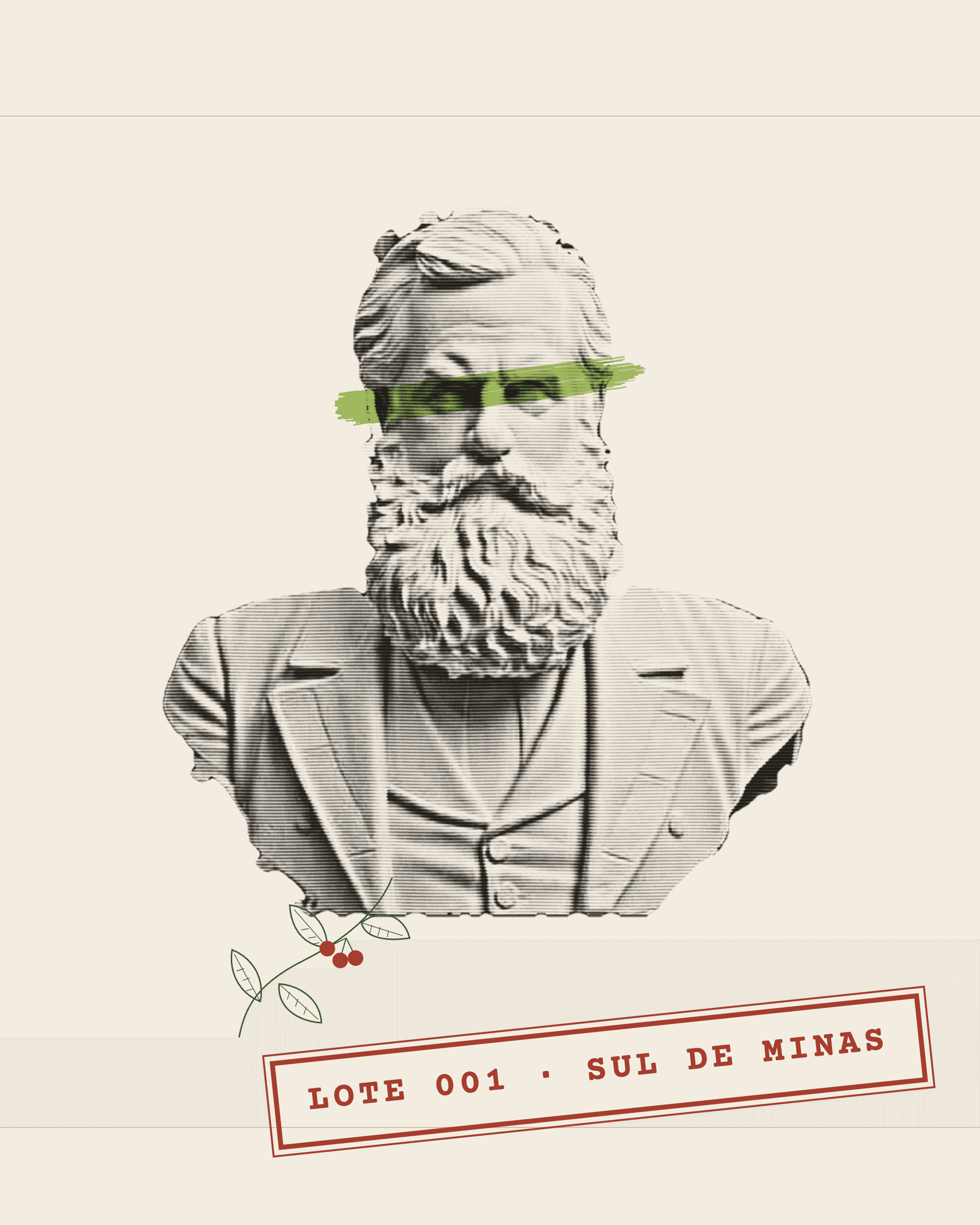 Busto em gravura riscado por uma faixa verde de marca-texto, com um ramo de frutos vermelhos e o carimbo “Lote 001 · Sul de Minas”