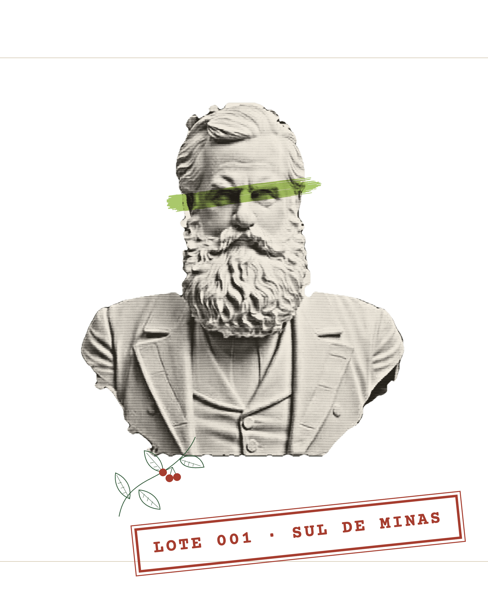 Busto em gravura riscado por uma faixa verde de marca-texto, com um ramo de frutos vermelhos e o carimbo “Lote 001 · Sul de Minas”